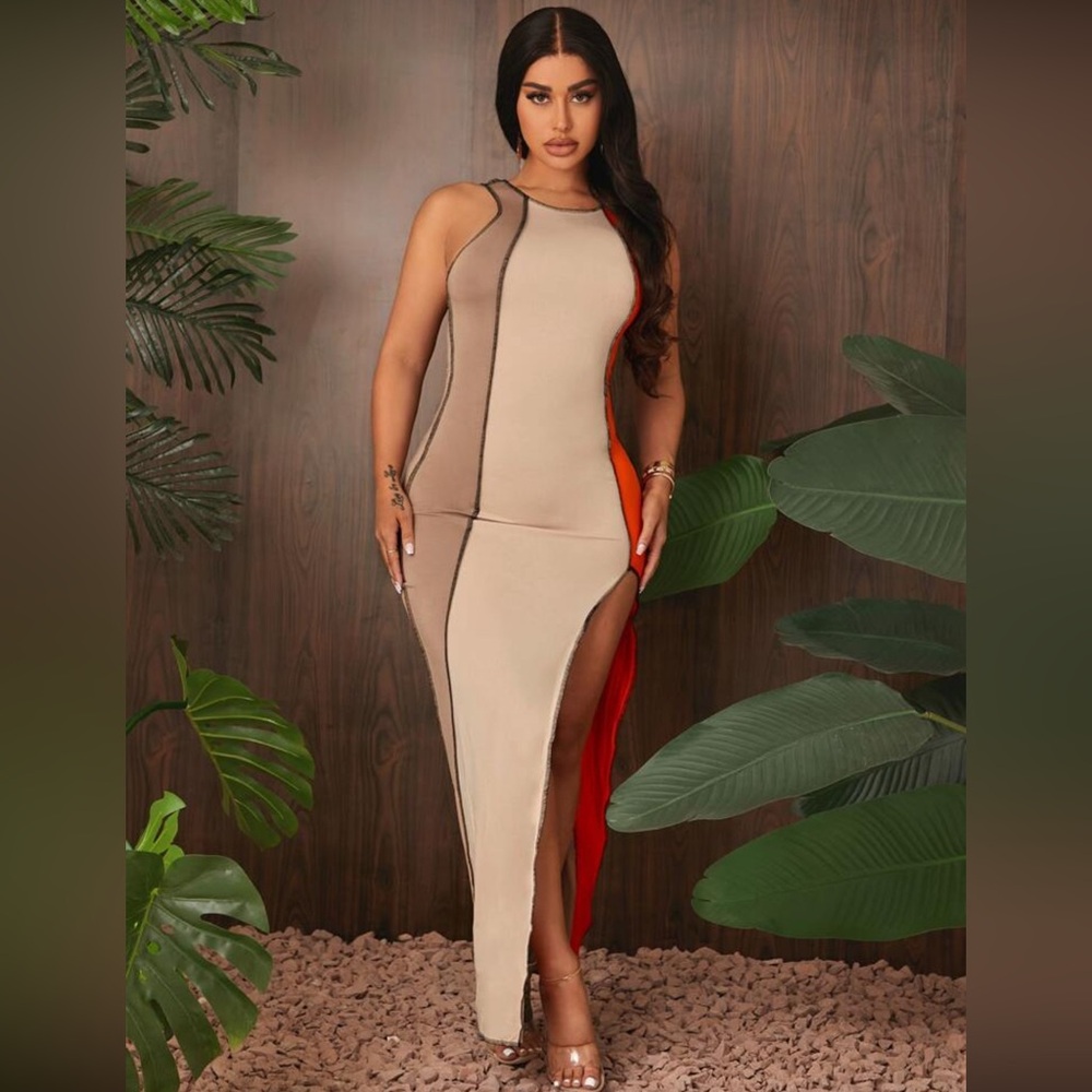 Beige and Orange High Slit Halter Style Sleeveless Maxi Dress Size XL